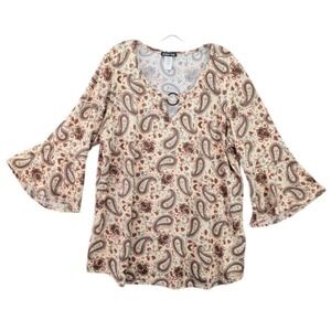 Double Take Blouse Womens 3X Paisley Print Bell Sleeve Boho Peasant Top 80s Vtg
